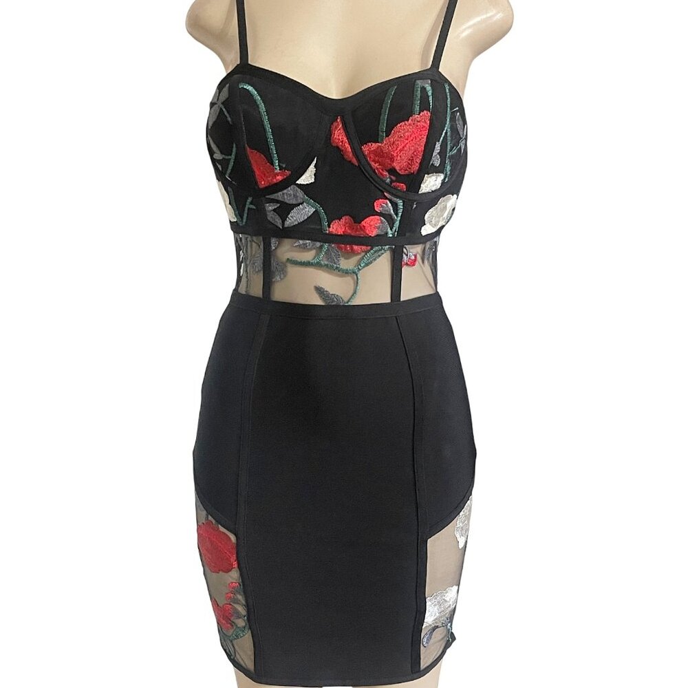 Floral Embroidered Bustier Bodycon Bandage Dress with Sheer Mesh Panels - Size M - Picture 8 of 9